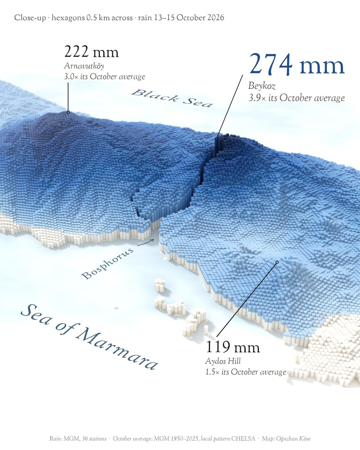 Close-up of the northern half of Istanbul with 0.5 km hexagons: Arnavutköy 222 mm, Beykoz 274 mm, Aydos Hill 119 mm