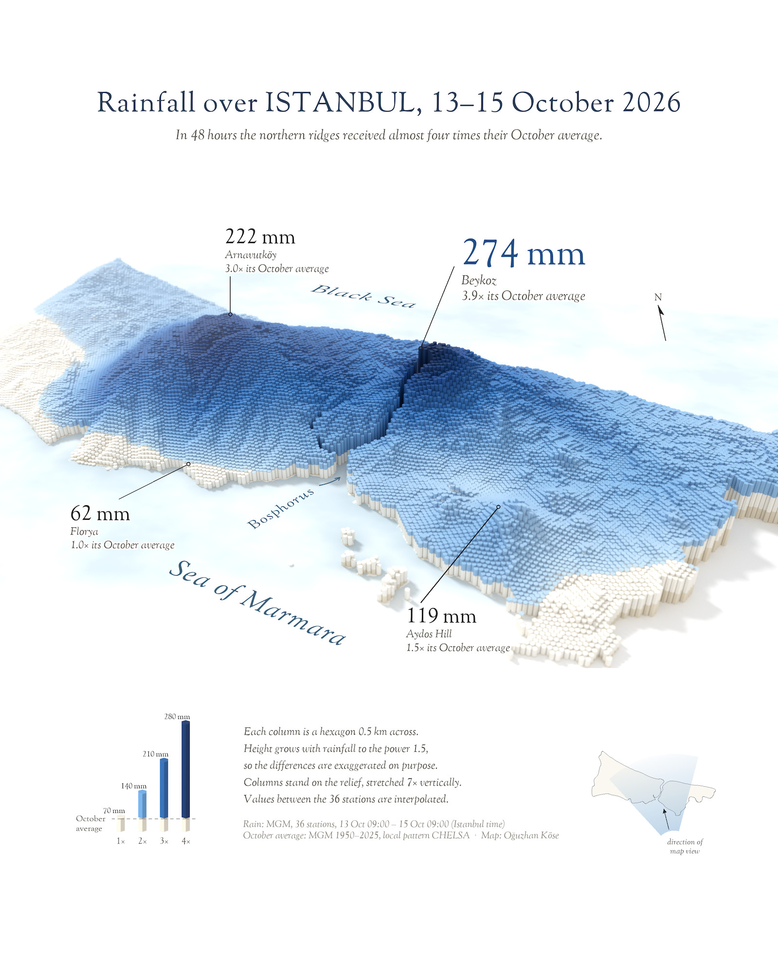 The same rainfall map with 0.5 km hexagons